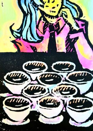 A figure in a suit across the table from the viewer with ten coffee cups between them.