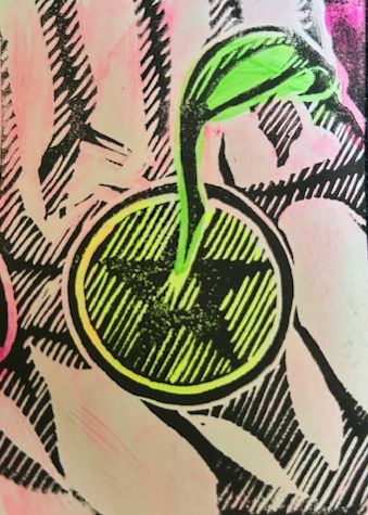 A hand holding a coin in its palm, from which a seed is sprouting.