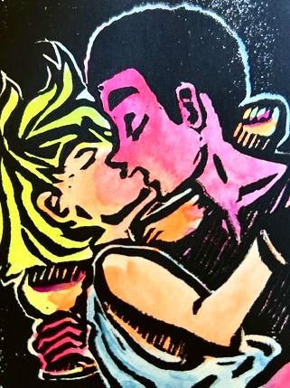 Two people holding cups and kissing.