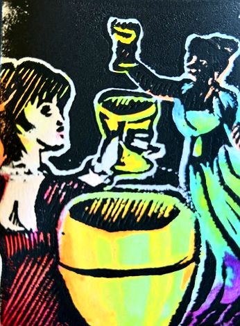 Three cups, with one held by the viewer and two held by celebrating women.