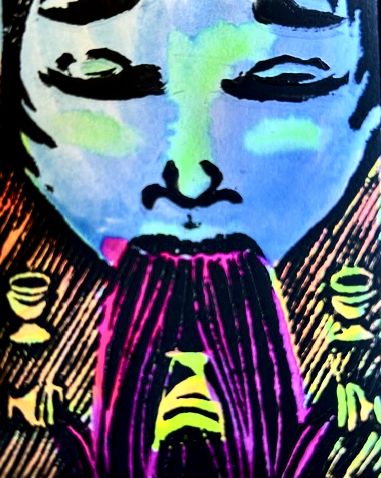 A face throwing up purple fluid and several cups contributing to the outpouring.