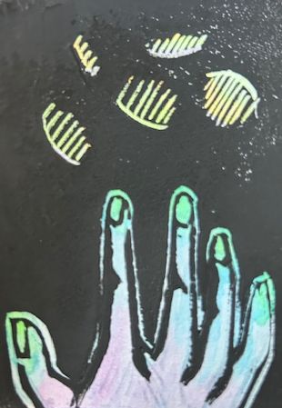 A hand reaching for coins that are vanishing into darkness.