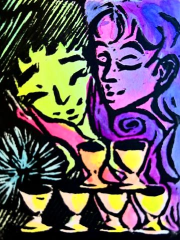 Two figures embrace. One kisses the other on the cheek.