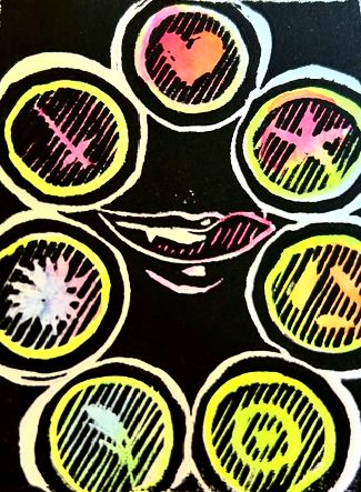 A fanged mouth smiling and licking its lips, surrounded by cups with various symbols in them. They contain a heart, a star, seeds, a sheaf of wheat, a flower, a sword, and the astrological symbol for the Sun.