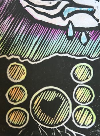 A hand pouring water on seven buried coins