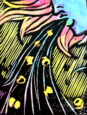 A mouth spouting purple liquid in which eight cups are flowing.