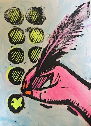 A hand holding a quill, drawing eight coins.