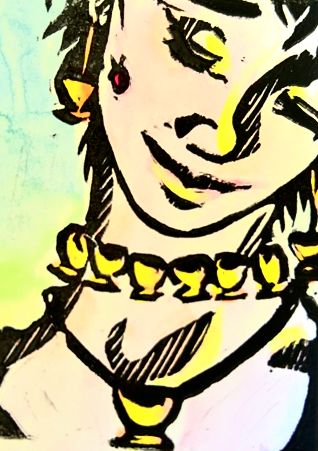 A figure adorned with nine cups, smiling as a ladybug sits on their cheek.