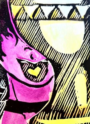 A young-looking person with their tongue extended, hiding behind a cup. A yellow heart sits on their tongue.