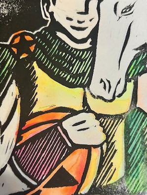 A man and horse, the man's eyes out of frame.