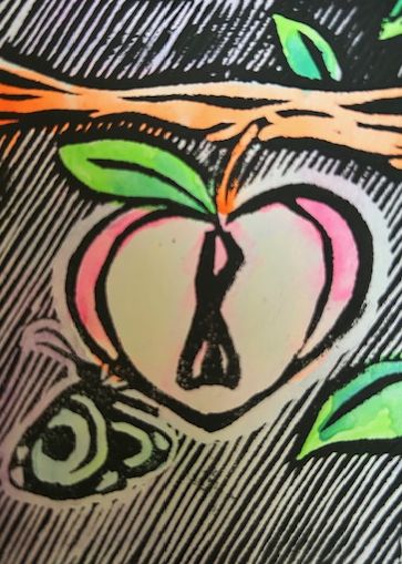 The Hanged Man, a person-shaped pit in a peach hanging upside-down from the branch.