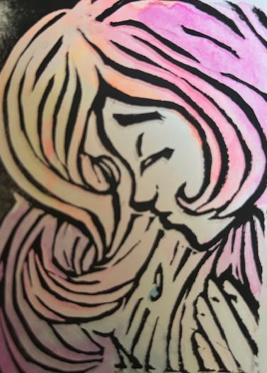 Judgement, a woman with a tear falling from her face, hands clapsed in prayer.