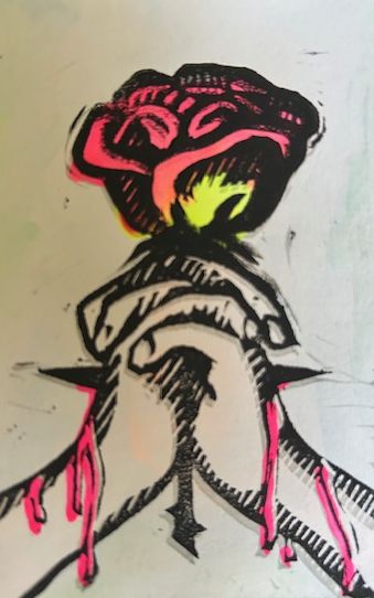 Justice, a pair of bleeding hands clasped around the stem of a rose