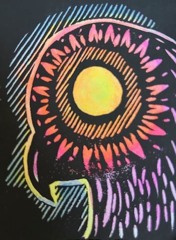 The Sun, the silhouette of a falcon with a blooming sunflower in its eye and the shadow of a human.