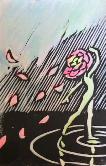 The World, a figure dancing on the surface of the water, their head a flower shedding petals behind.